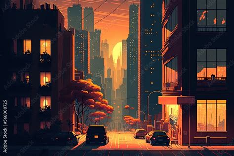 An anime style city street in warm hues of a cozy sunset, lo-fi ...