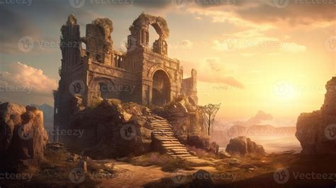 Ruin Building Fantasy Backdrop Concept Art Realistic Illustration ...