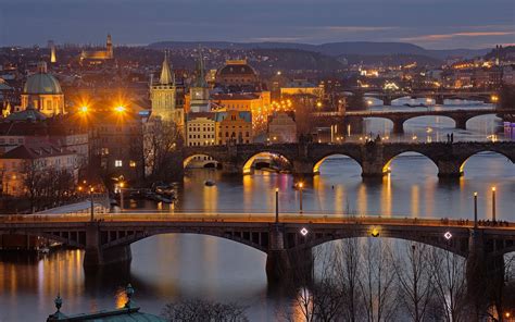 Wallpaper Vltava, Czech Republic, Prague, night, bridges, river, lights ...