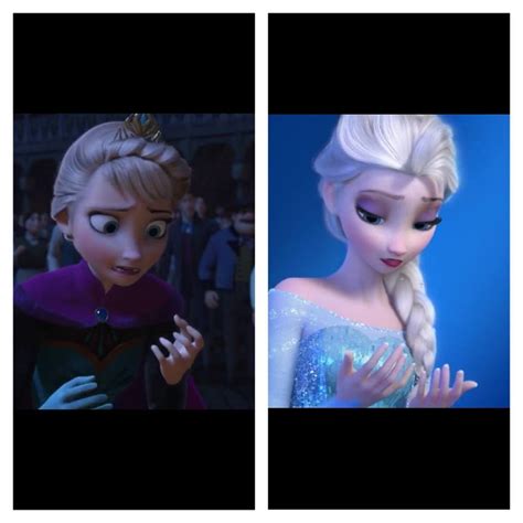 Before and after, how Elsa is scared of her powers, but then when she ...