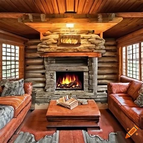 Cabin fireplace couch table large room windows