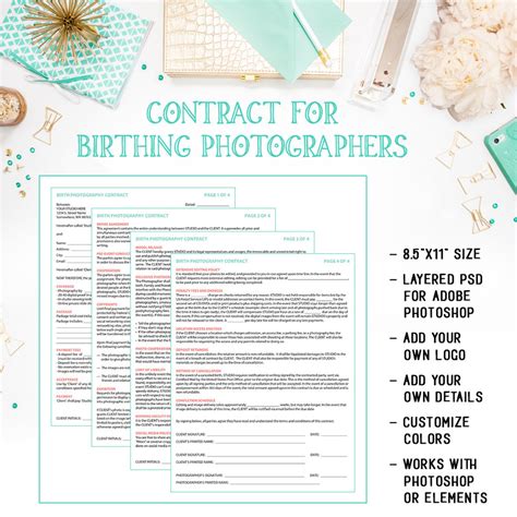 Birth Photography Contract Template for Portrait Photographer Available ...