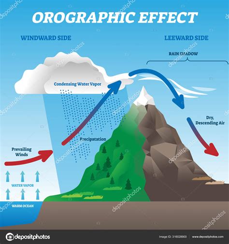 Orographic effect vector illustration. Labeled weather system move ...