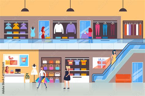 People characters consumers making purchases in shopping mall. Vector ...