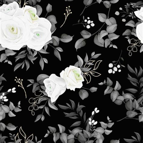 Free Vector | A black and white floral pattern with white roses and leaves.