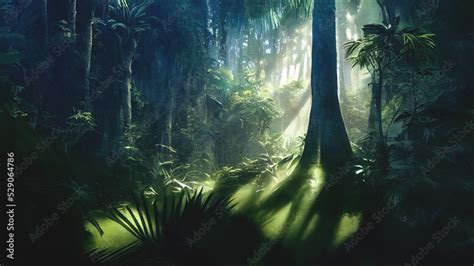 Dark rainforest, sun rays through the trees, rich jungle greenery ...