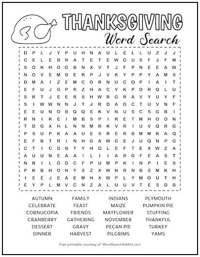 Thanksgiving Printable Word Search Puzzle | Word Search Addict