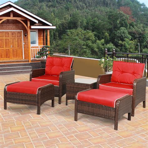 5PCS Patio Rattan Wicker Furniture Set Garden Sofa Ottoman W/ Red ...