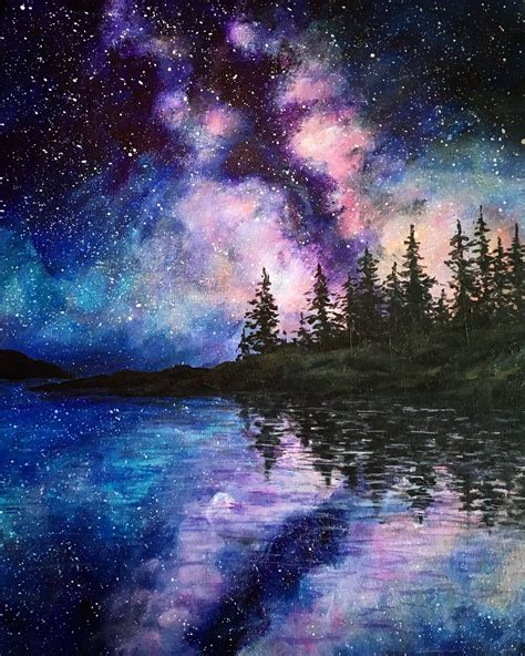 Midnight Lake Painting | Lake painting, Night sky painting, Sky painting