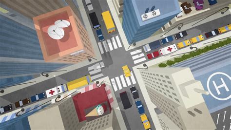 Bird's-eye aerial view of city traffic. Cartoon… - Royalty Free Video