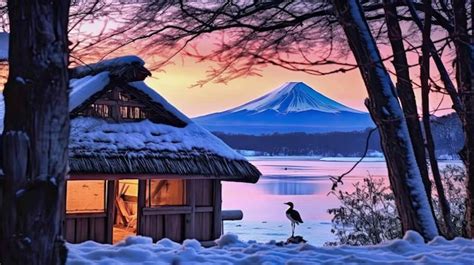 Premium Photo | A snowy mountain is seen behind a house with a snowy ...