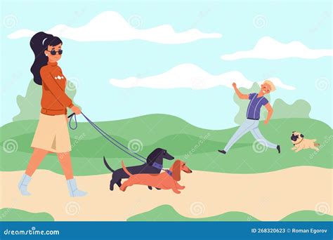 Dog Owners In Park Woman With Dachshund Dog Walking Happy Man