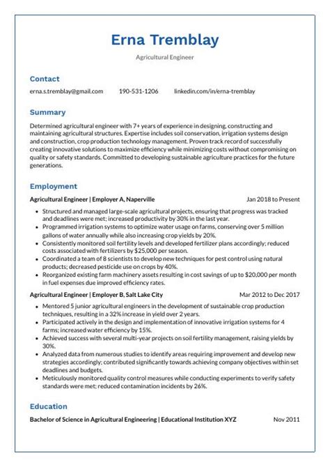 Agricultural Engineer Resume (CV) Example and Writing Guide