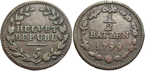 SWISS CANTONS: Helvetian Republic 1799 1/2 Batzen | European Coins