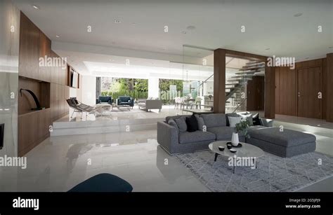 Spacious Big Living Room Of Luxurious Estate With Wooden Elements ...