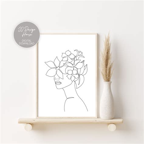 Line Art Woman With Flowers Print Minimal Line Art Woman | Etsy