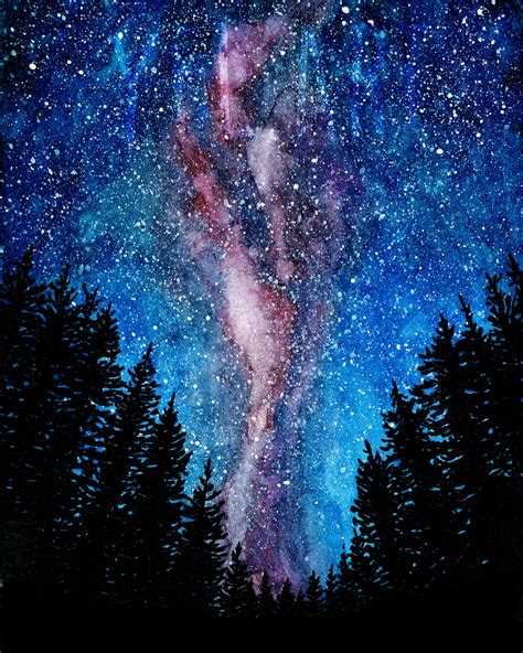 Galaxy painting Watercolor galaxy Milky way Treescape