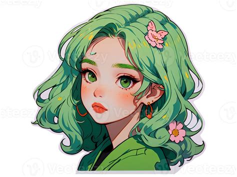 Beautiful young female anime character with green hair isolated sticker ...