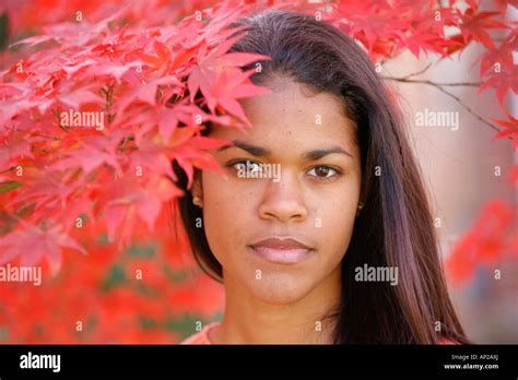 Young woman, portrait with tree leaves fall colors autumn, MR-11-18-07 ...