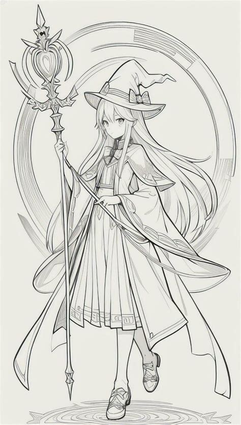 AI generated Anime Wizard Girl Line Art Drawing Sketch Black and White ...