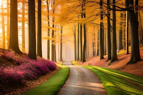 Premium AI Image | a road in the autumn forest