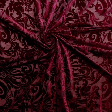 Stretch Burnout Velvet Fabric Burgundy, by the yard - Fabric Direct