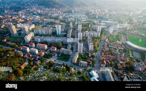 TUZLA, BOSNIA AND HERZEGOVINA - Oct 10, 2018: Dron shot over Tuzla city ...