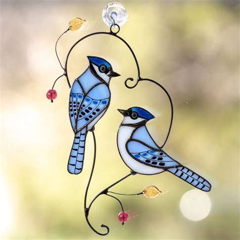 Blue jays stained glass bird window hangings