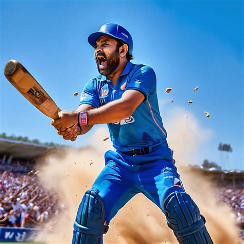 Rohit Sharma in full cricket gear striking a stump as he exe... by Roshan Sable - Playground