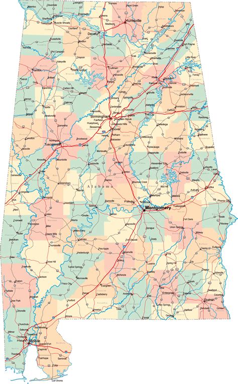 Detailed administrative map of Alabama state with roads and cities ...