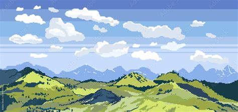 Pixel art background. Location with mountains, grass and clouds ...