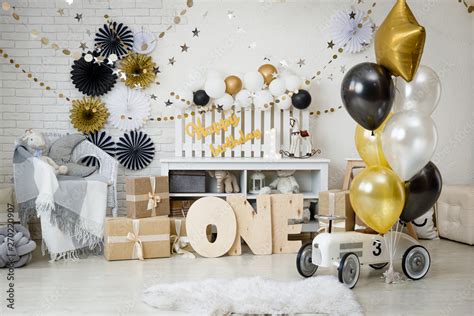 Birthday decorations with gifts, toys, garlands and figure for little ...