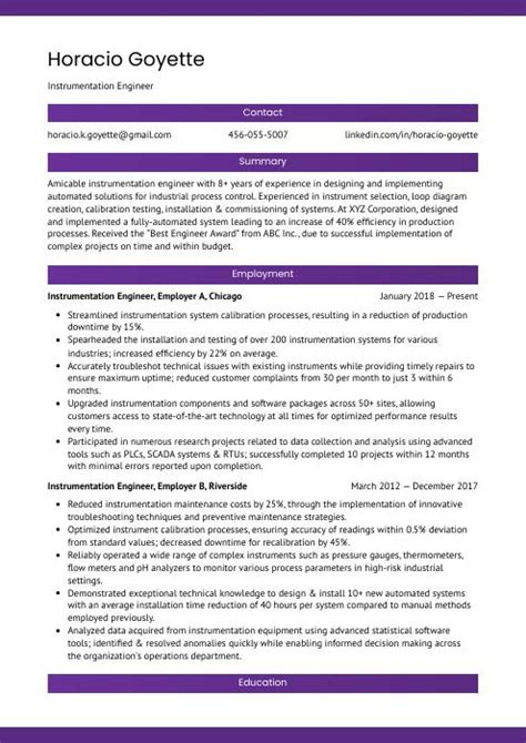 Instrumentation Engineer Resume (CV) Example and Writing Guide