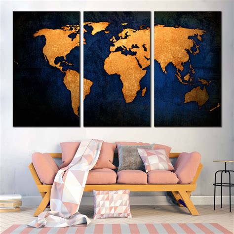 World Map Canvas Wall Art, Blue Background Map Triptych Multiple Canva ...