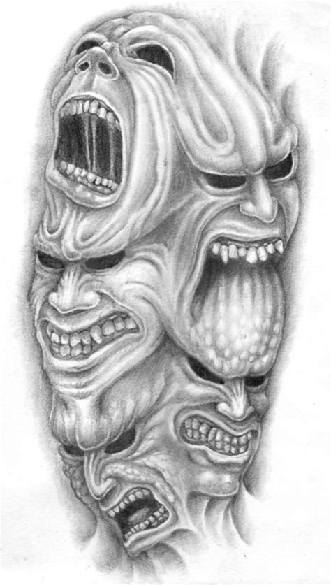 Cool grey-ink demon heads eating each other tattoo design ...