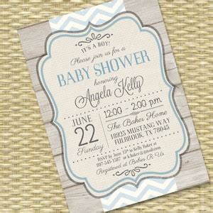 Rustic Baby Boy Shower Invitation Rustic Wood Blue Chevron Typography ...