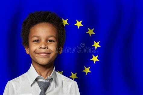 European Kid Boy on Flag of European Union Background. Education and ...