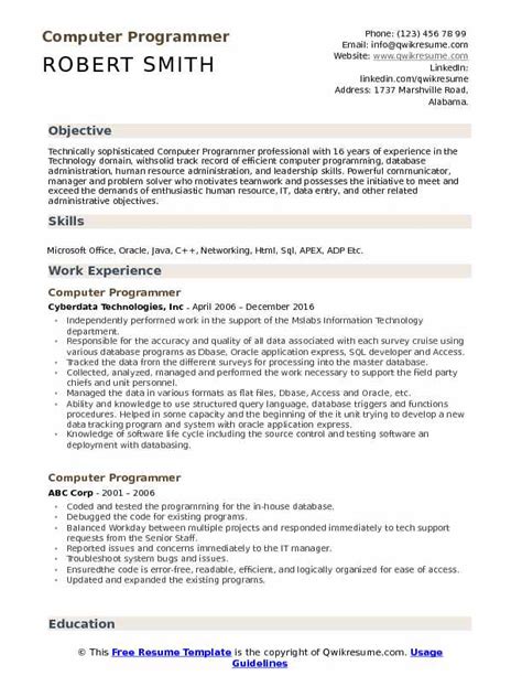 Computer Programmer Resume Samples | QwikResume