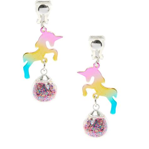 1" Rainbow Unicorn Clip On Drop Earrings | Claire's US