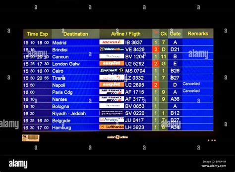 Airport information board showing arrivals and departures of flights ...