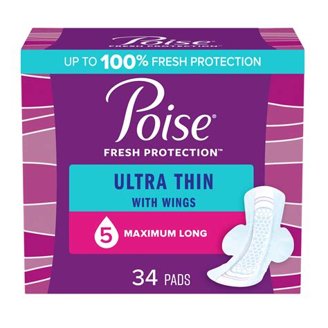 Poise Ultra Thin Long Length Incontinence Pads with Wings - 5 Drop ...