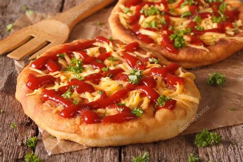 Hungarian Food: langos with cheese and ketchup close-up. horizon Stock ...