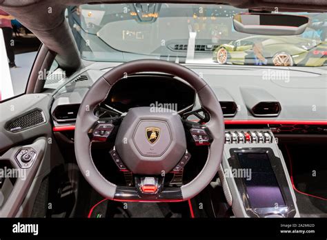 FRANKFURT, GERMANY - SEP 11, 2019: Interior view of the Lamborghini ...