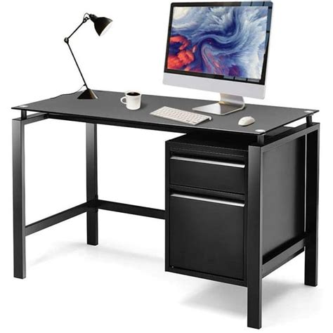 Home Office Desk Writing Computer Desks, Black Glass Top w/Drawers ...