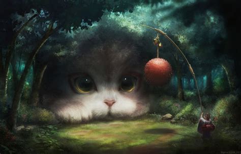 a painting of a cat in the woods with a red ball on it's head