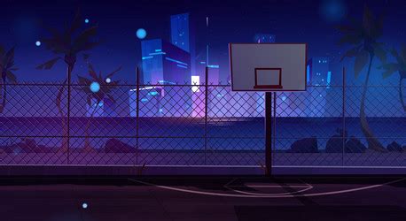 Night street basketball court and neon cityscape Vector Image