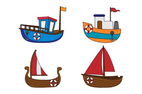 Cute Boat Cartoon Illustration Set Graphic By Cacingtanahdesign