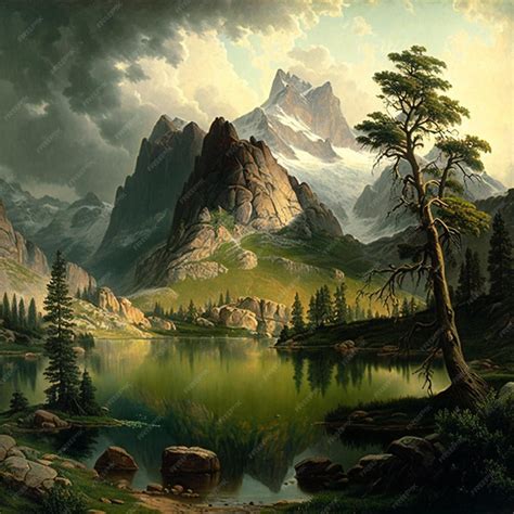 Premium AI Image | A painting of a mountain landscape with a mountain ...