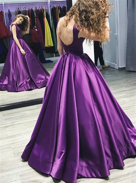 Purple Satin Prom Ball Gowns Backless Evening Dresses Long 2017