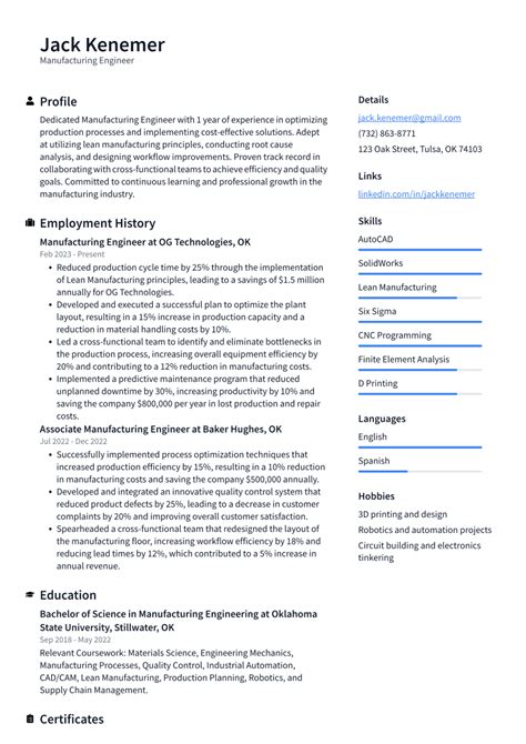 Manufacturing Engineer Resume Examples and Templates